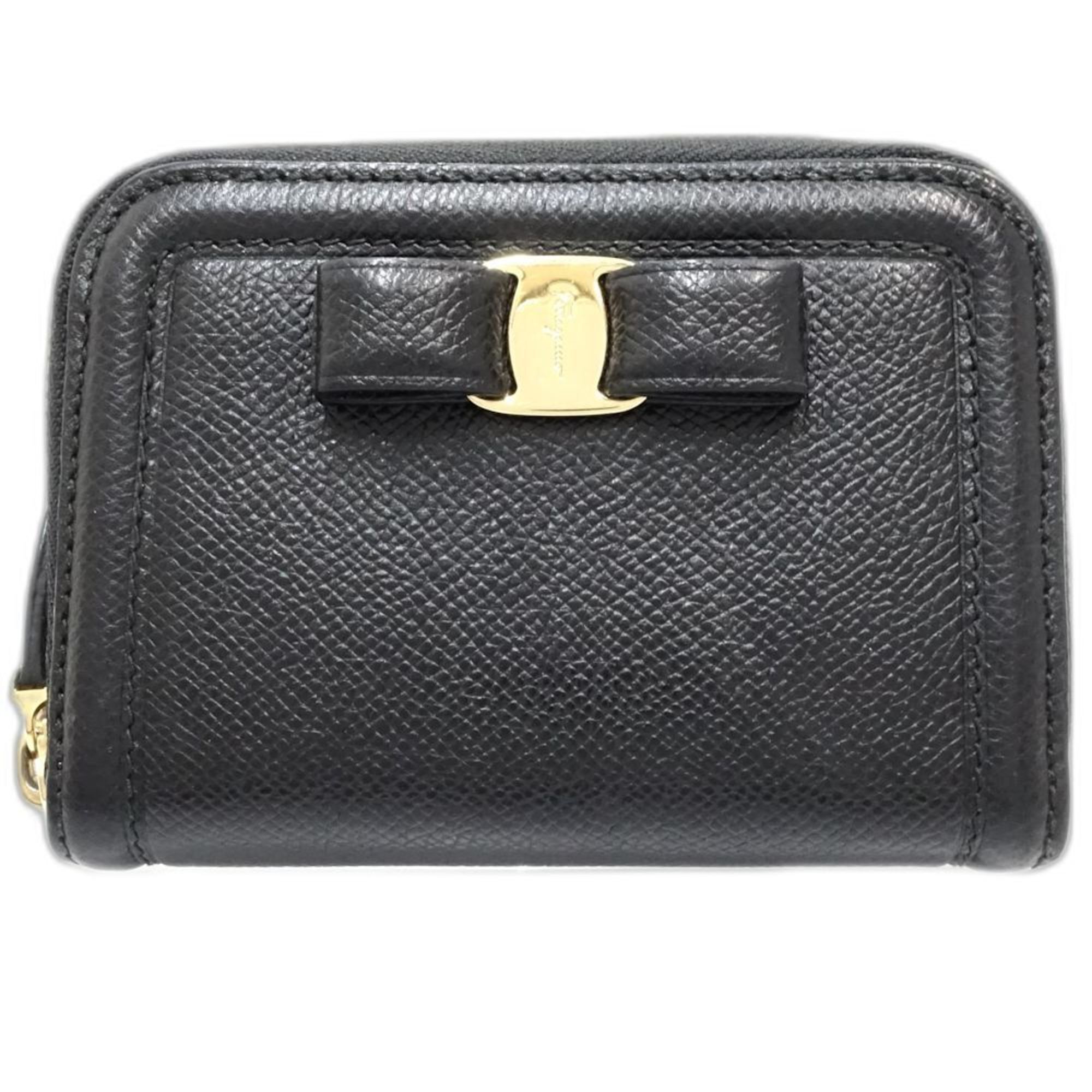 Salvatore Ferragamo Fiocco Vara Small Zip-Around Wallet In Black Leather, Wom...